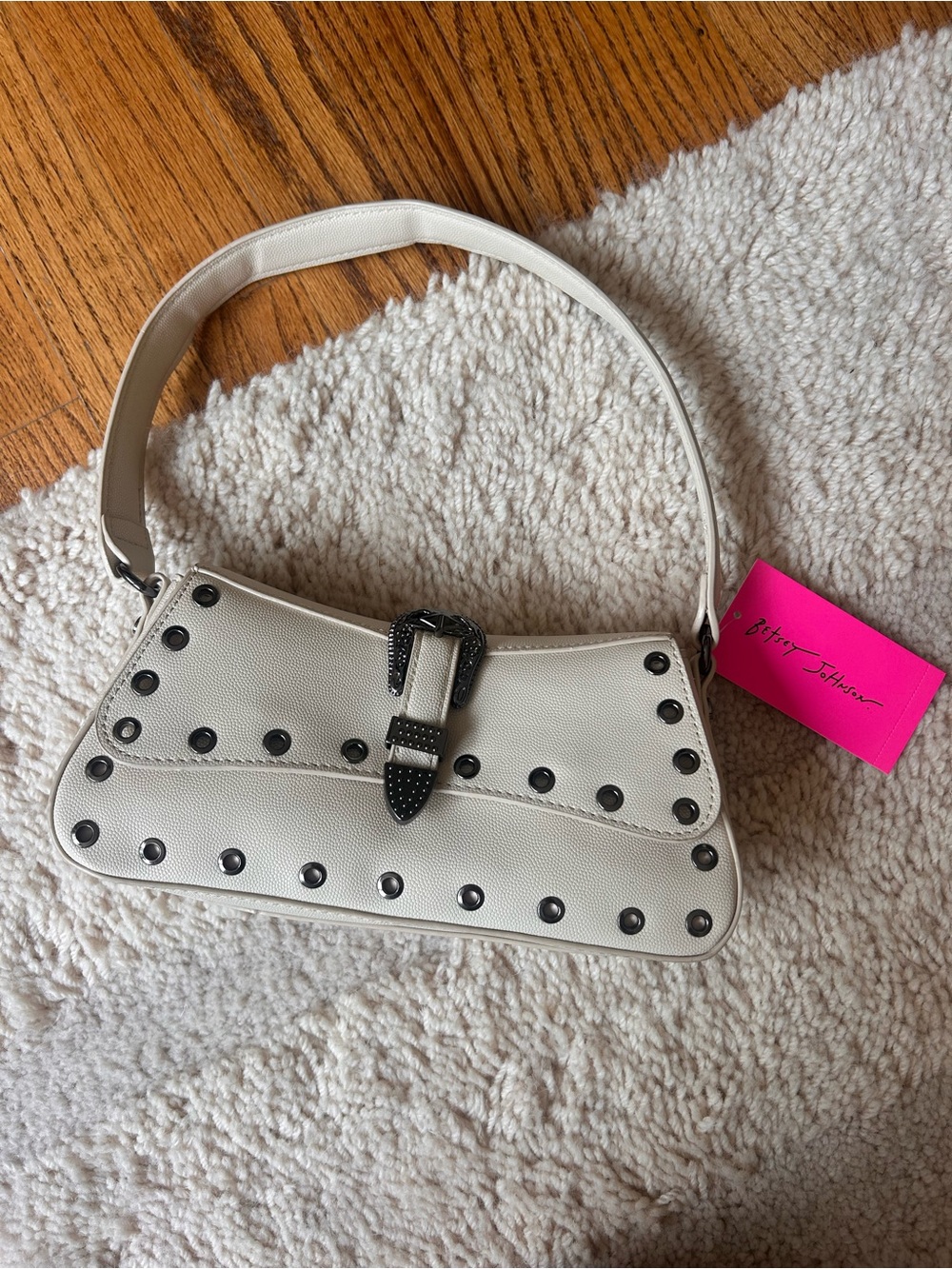 Betsey Johnson Cream Shoulder Bag with Black Studs & Buckle